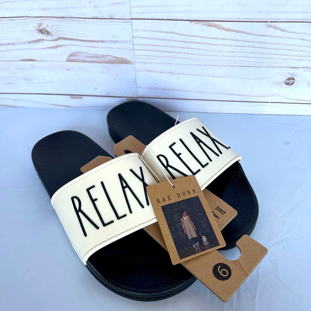 Rae Dunn ‘RELAX’ Cream/Black Slides